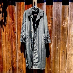 Newport Harbor trenchcoat, overcoat, has zipped wool liner. Dark olive green.